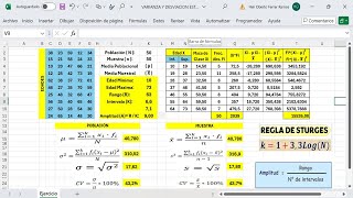 Medidas de Dispersión Para Datos Agrupados en Intervalos en Excel Población y Muestra µ x̅ σ2 S2 [upl. by Nortal]