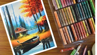 Oil Pastel Landscape Drawing  step by step  Forest cabin scenery Painting with Oil Pastel [upl. by Franck]