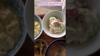 ピーマン玉ねぎ炒め、炒り豆腐、ポテトサラダ、きゅうり浅漬け、昆布佃煮、満足朝ごはん♪ 雑談 おばちゃん 朝ごはん 日常 [upl. by Fisken]