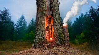 Building a Warm Secret Shelter deep inside a great OAK tree Clay oven [upl. by Farver]