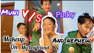 Muni vs pinky 🤣 makeup on boyfriend and nephew 🤪 [upl. by Devitt]