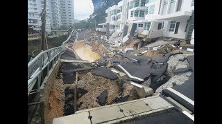 landslide Penang Malaysia sinkhole road on hillslope collapsed  Tanjung Bungah  Typhoon Damrey [upl. by Adnalra]