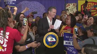 Fast food workers celebrate new 20 minimum wage in California [upl. by Jammal]