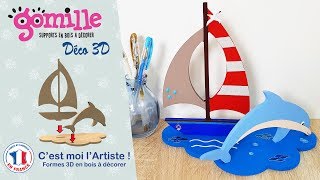 Support en bois loisirs créatifs  Bateau et dauphin en 3D en bois à décorer  Gomille [upl. by Durr]