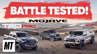 Truck Comparison Toyota Tacoma TRD Pro Vs Chevy Colorado ZR2 Bison Vs Jeep Gladiator Mojave [upl. by Annaiel]