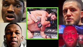 Fighters react Khamzat Chimaev submits Robert Whittaker in round 1 at UFC 308 [upl. by Eustasius482]