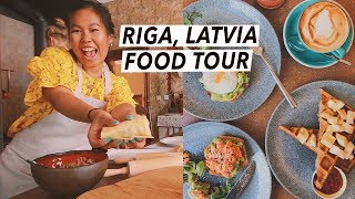 Trying Latvian Food Dumplings Central Market amp Rye Bread Trifle  Riga Food Tour Travel Vlog [upl. by Mullane]