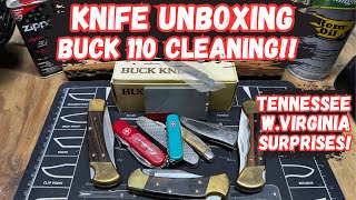 Unboxing Knives Leather Sheath Waxing and Buck 110 Cleaning [upl. by Alian]