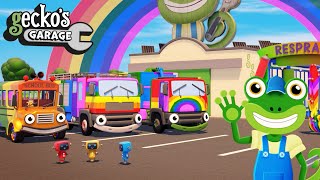 Painting Rainbow Trucks  Geckos Garage  Truck Colors For Kids  Educational Videos For Toddlers [upl. by Emoreg]