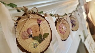 Wood Slice Garland using Dried Pressed Flowers DIY Spring Decor [upl. by Einwahs]