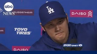 Shohei Ohtani press conference Dodgers star says he quotnever bet on baseball or any other sportsquot [upl. by Nylaret]