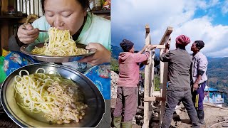 surya laxmi building new house  laxmi cooks noodles for helpers [upl. by Aizti]