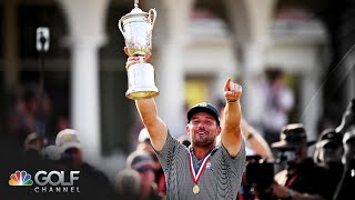 Bryson DeChambeau receives US Open Trophy watches 18 bunker shot  US Open 2024  Golf Channel [upl. by Alonzo918]