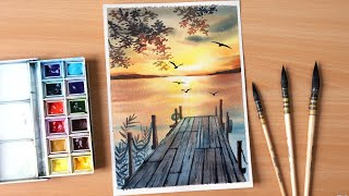 Watercolor painting of sunset evening landscape scenery of riverside step by step [upl. by Lebanna]