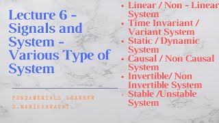 Lecture 6  Signals and System  Various type of System [upl. by Olsson]