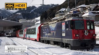 2019130 4K Bahnhof Disentis the Glacier Express arrives  Shunting RhB amp MGB winter sun in 4K [upl. by Keven]