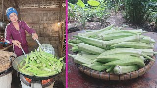 Yummy Okra cooking with country style  Cooking with Sreypov [upl. by Akineg]