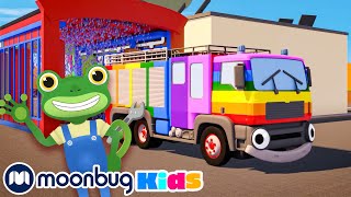 Painting Rainbow Trucks  Geckos Garage  Moonbug Kids  Art for Kids [upl. by Yvor]