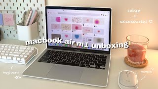 macbook air m1 unboxing 2023 💗💻  setup  accessories ˚✧｡ [upl. by Anoiek]