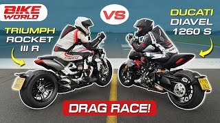 Triumph Rocket III R vs Ducati Diavel 1260 S  Drag Race [upl. by Ameerak]