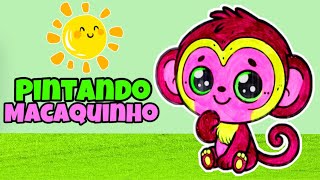 Macaquinho fofinho pintando desenho animado infantil com tinta guache brincadeiras pra crianças kids [upl. by Adur]