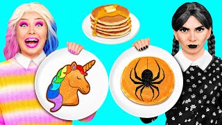 Pancake Art Challenge with Wednesday Addams by Fun Fun Challenge [upl. by Esinrahc]