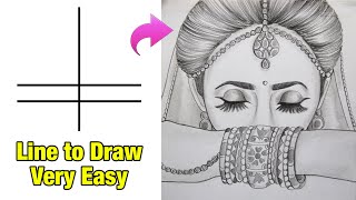 How to Draw Beautiful Traditional Half Eyes Bride Very Easy  Bride Drawing Easy [upl. by Adnirod]