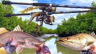 Catching Barramundi in Feeder Creeks Rigging Stinger Hooks Holt Swim Prawns [upl. by Heater]