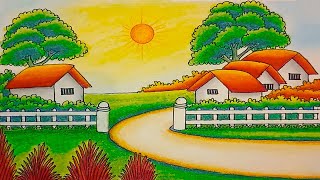 How to draw a village house scenery with colour  Landscape village scenery drawing with oil pastel [upl. by Ecinev]