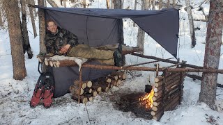 Winter Camping in Raised Bushcraft Shelter  Level 100 Campfire Cooking [upl. by Conlin]