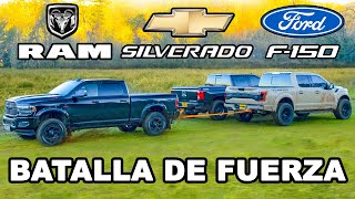 Dodge RAM v Ford F150 v Chevy Silverado Batalla de Fuerza [upl. by Lednahc]