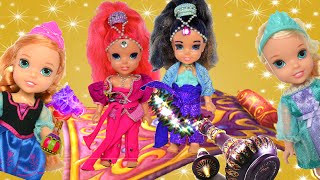 Elsa and Anna Toddlers meet Genies Shimmer and Shine Magic Carpet Ride Elsya and Annya  Dolls [upl. by Mad]