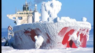 LARGE ICEBREAKER SHIPS ON ICE WAVES IN FROZEN STORM SCARY WINTER CYCLONE CRASH GLACIER ICEBERGS [upl. by Drake271]