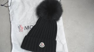 Moncler Knit Cap Hat Blue Fox Pompom Black Women UNBOXING [upl. by Ahslek]