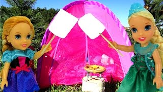 CAMPING  ELSA amp Anna Toddlers  Toy bear  Marshmallow  Tent Picnic Outdoors  Playing [upl. by Reyotal]