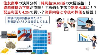 住友商事の決算分析！純利益166減の大幅減益！！資源価格の下落が直撃！？株価も下落で割安水準に！？配当利回り42で買い？決算内容と今後の株価を解説！ [upl. by Yllak]