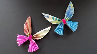 Geldscheine falten Schmetterling  Geldgeschenke basteln Origami Tiere aus Geld falten zur Hochzeit [upl. by Osei]