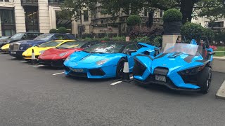 Supercars of London  Arab Polaris Slingshot And a row of Lamborghini Aventadors [upl. by Eednak]