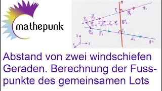 Abstand von zwei windschiefen Geraden Berechnung der Fusspunkte des gemeinsamen Lots [upl. by Eedolem142]