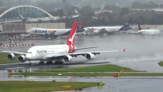 HEAVY RAIN amp BIG WATER SPRAY  Plane Spotting  Sydney Airport A380 A330 A350 747  Live Highlights [upl. by Gromme]