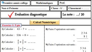 évaluation diagnostique 1ère année collège mathématique [upl. by Naloc42]