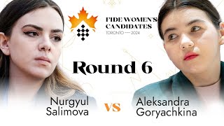 Round 6  Nurgyul Salimova  Aleksandra Goryachkina  Womens FIDE Candidates 2024 [upl. by Dnalyram553]