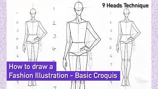 How to draw a Fashion Illustration  Step by step  Basic Croquis in front Pose  9 Heads [upl. by Atinot63]