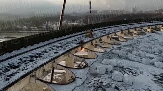 Dramatic video shows Russia stadium collapse with worker on roof [upl. by Ahsitan]