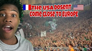 AMERICAN FIRST TIME REACTION TO Basketball fans and Atmosphere USA vs EUROPE [upl. by Ahsiatal591]