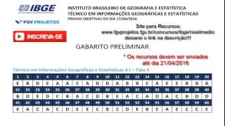 GABARITO OFICIAL PRELIMINAR  FGV IBGE 2016 Médio Endereço para interpor recurso [upl. by Zwart582]