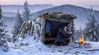 OVERNIGHT in Cozy Bushcraft Shelter amid Heavy Snowfall Survival Camping in the Snow [upl. by Atsirhcal]