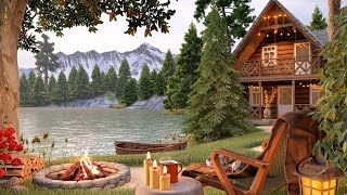 Cozy Mountain Cabin by the Lake Ambience with Campfire Lake Waves and Relaxing Summer Forest Sounds [upl. by Noyk]