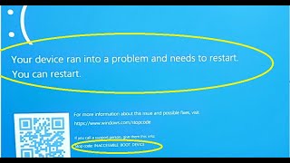 Your device ran into a problem and needs to restart code INACCESSIBLEBOOTDEVICE amp other 8 ways [upl. by Roper]