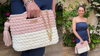 Bolsa de croche em fio de malha  Passo a passo detalhado Tutorial crochet bag Bolsa de ganchillo [upl. by Tirzah]